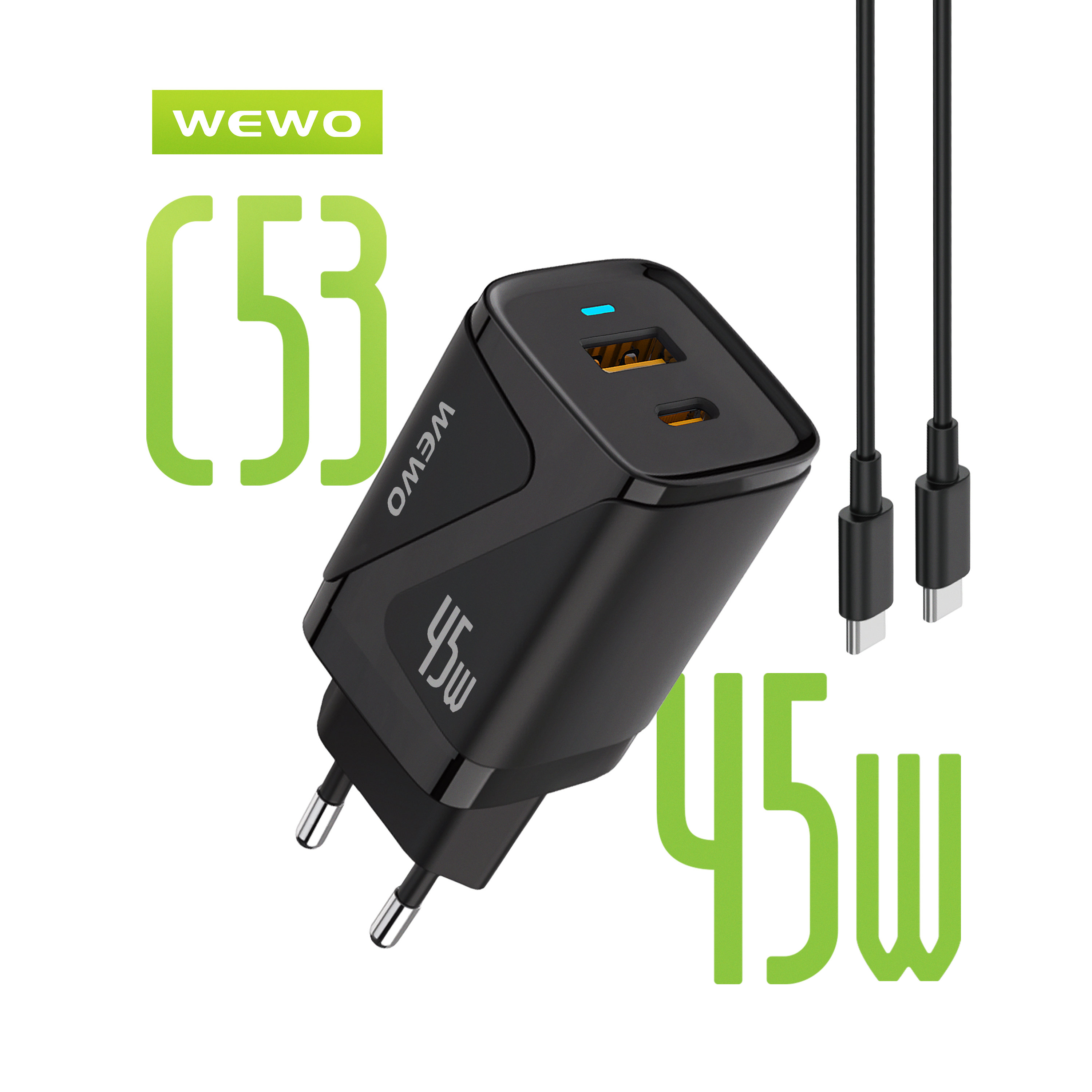 WEWO C53 PD+USB Punjač QC 45W/3A + Type-C to Type-C data cable (crni)