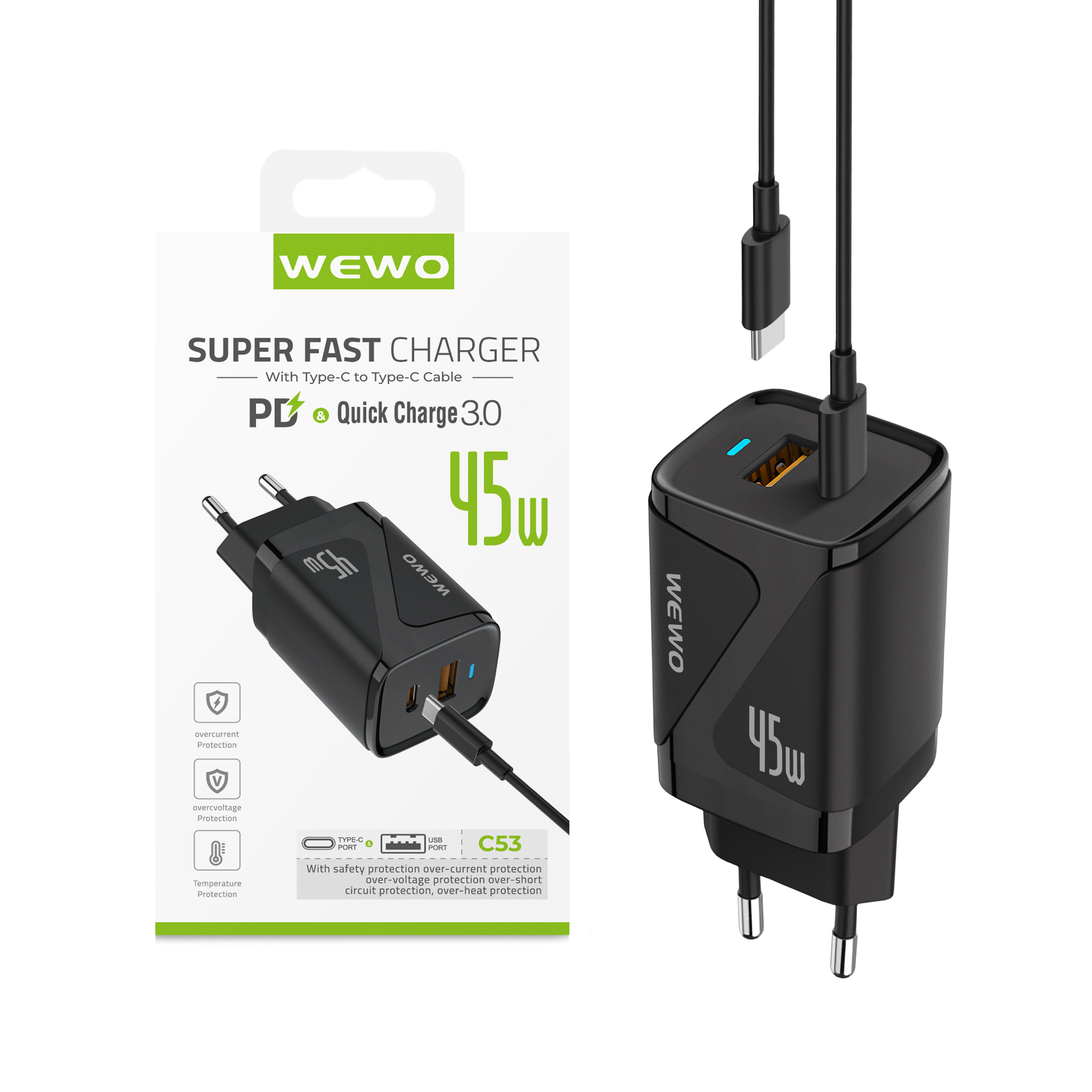 Wewo c53 pd+usb punjač qc 45w/3a + type-c to type-c data cable (crni)