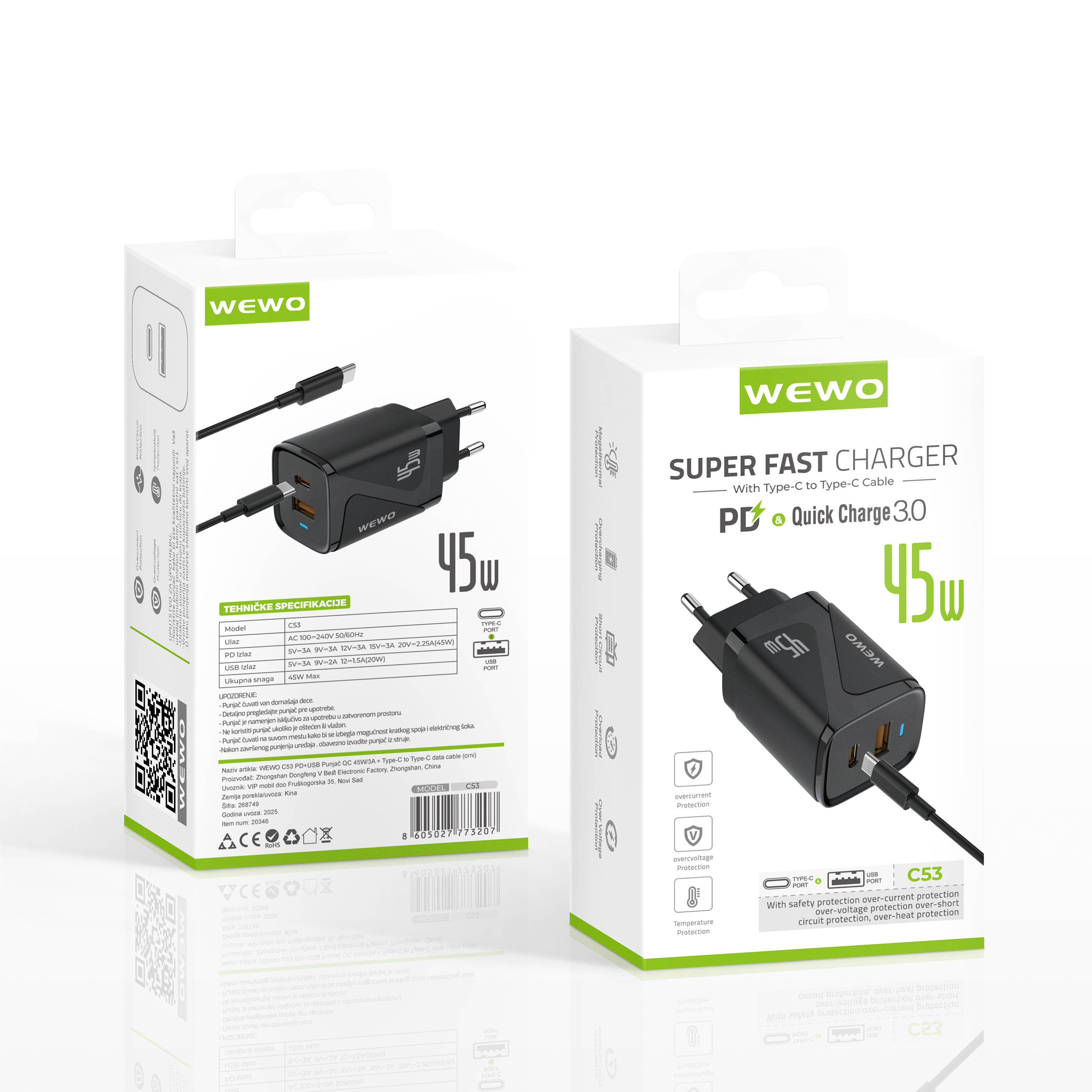 Wewo c53 pd+usb punjač qc 45w/3a + type-c to type-c data cable (crni)