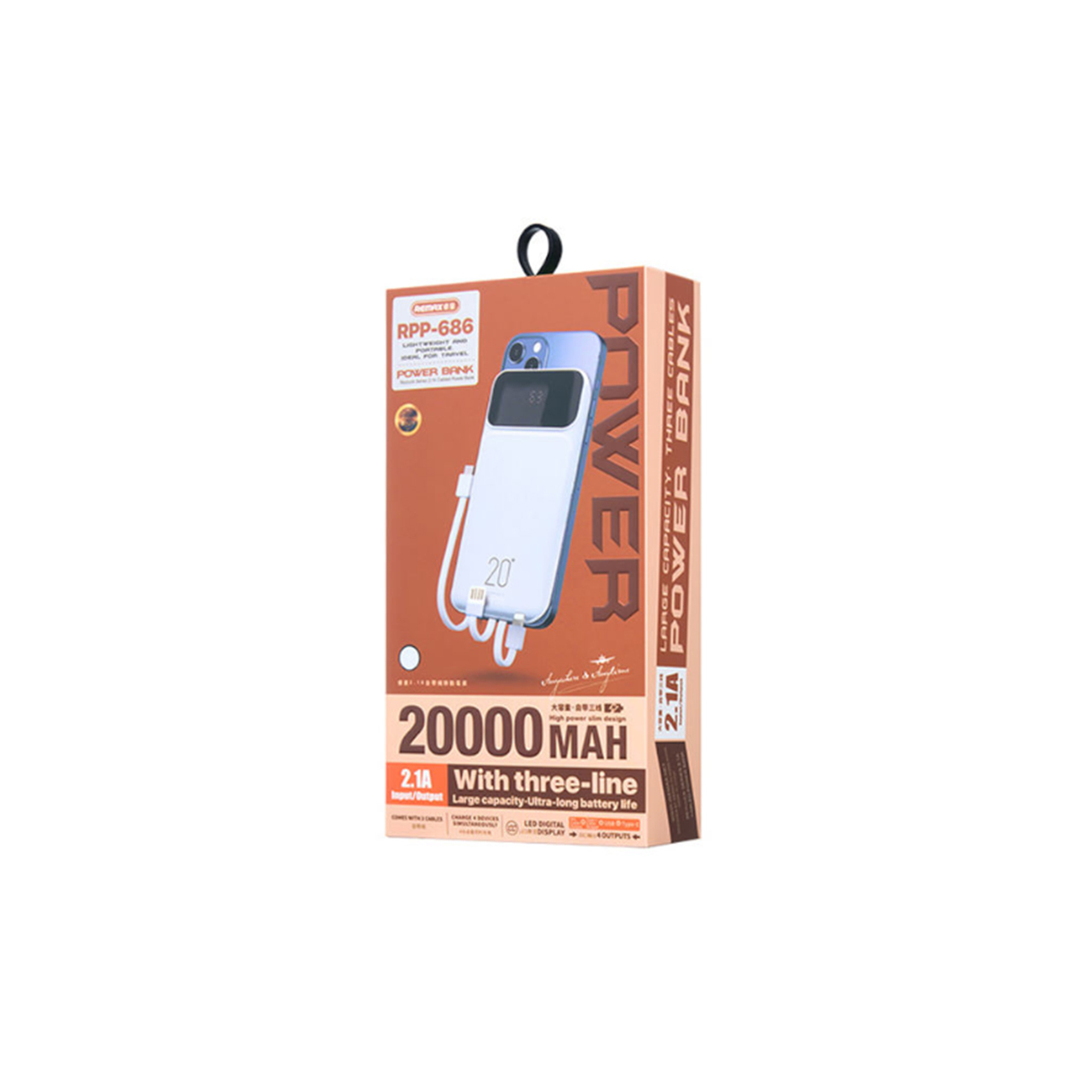 Power bank remax reyluck rpp-686 20w+22.5w pd/qc fast charge built-in cables 20000mah (crni)