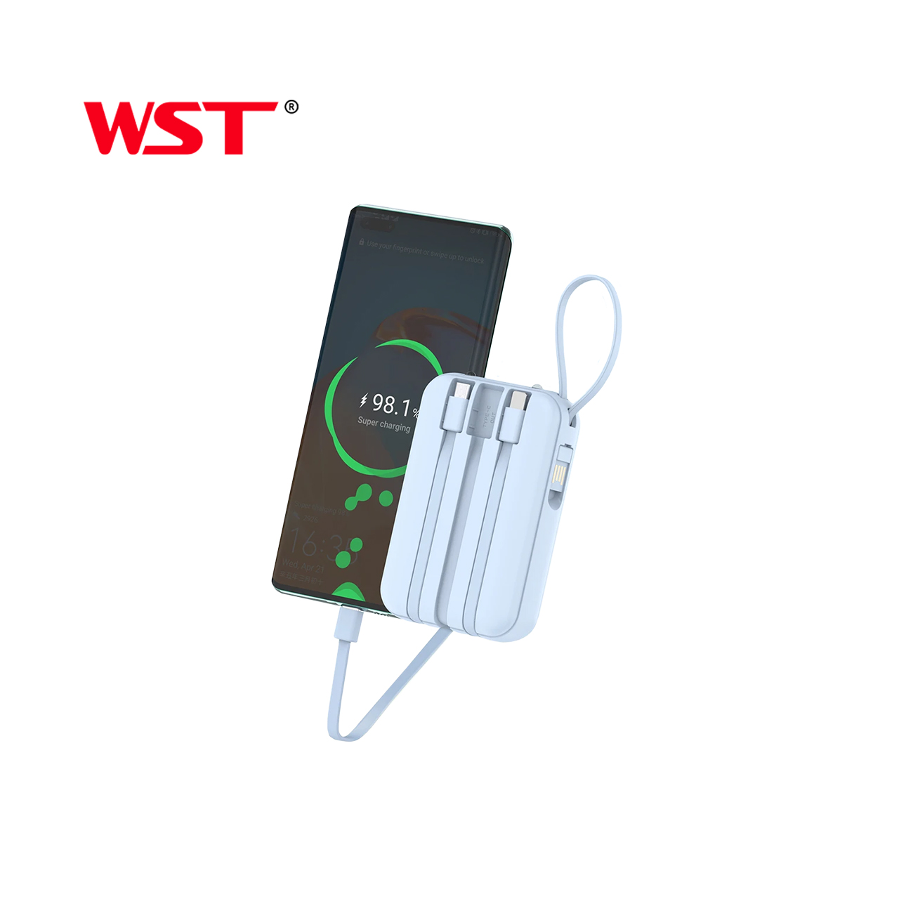 Power bank wst wdx274 10000 mah 22.5w pd fast charge with type-c/lightning/micro cable (plavi)