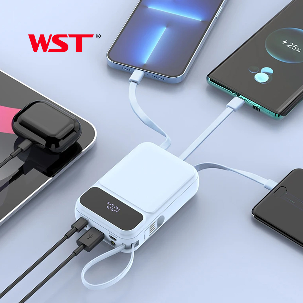 Power bank wst wdx274 10000 mah 22.5w pd fast charge with type-c/lightning/micro cable (plavi)