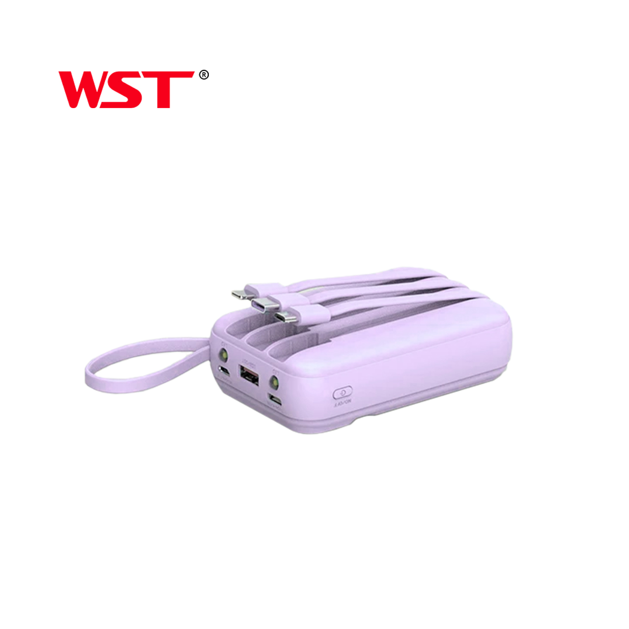 Power bank wst wdx274 10000 mah 22.5w pd fast charge with type-c/lightning/micro cable (ljubičasti)