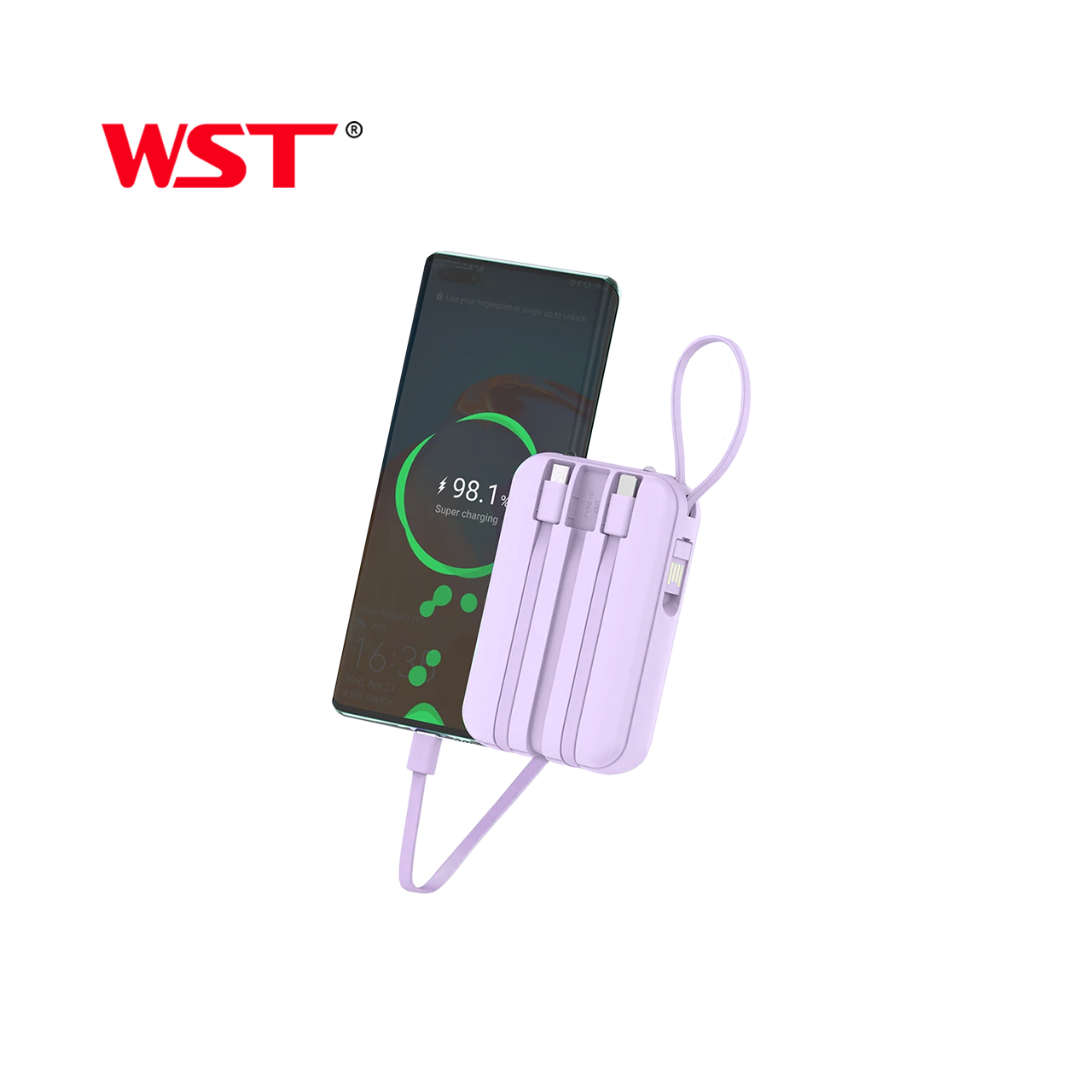 Power bank wst wdx274 10000 mah 22.5w pd fast charge with type-c/lightning/micro cable (ljubičasti)
