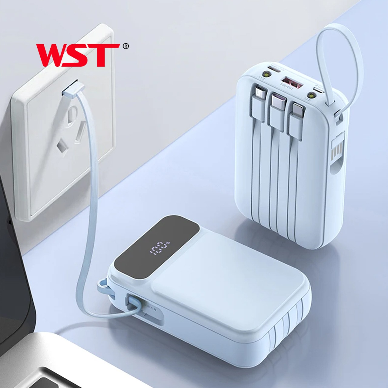 Power bank wst wdx274 10000 mah 22.5w pd fast charge with type-c/lightning/micro cable (ljubičasti)
