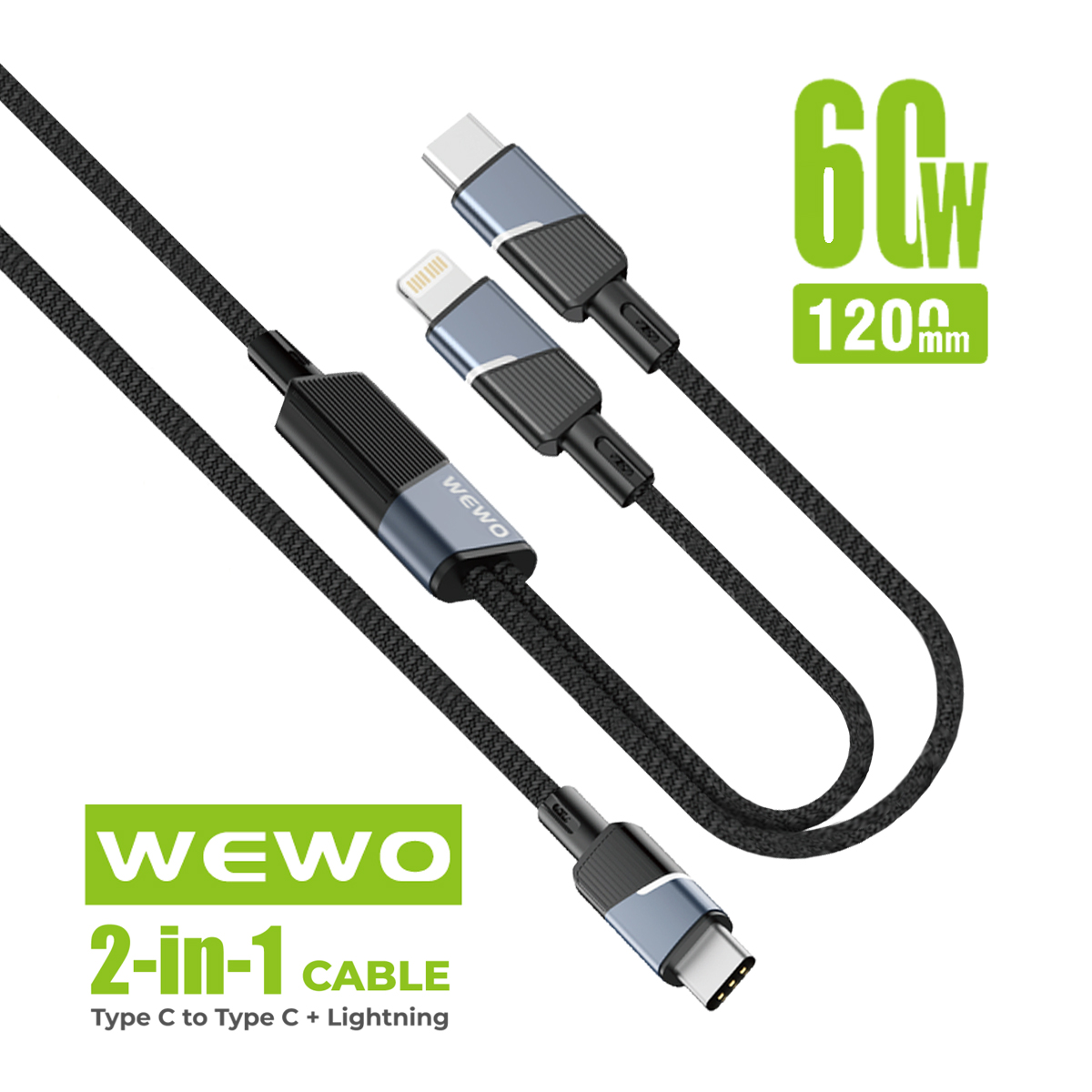 USB Data Cable WEWO CA-73 textile 2IN1 FAST PD 60W/5A Type C na Type C + Lightning crni 1.2m