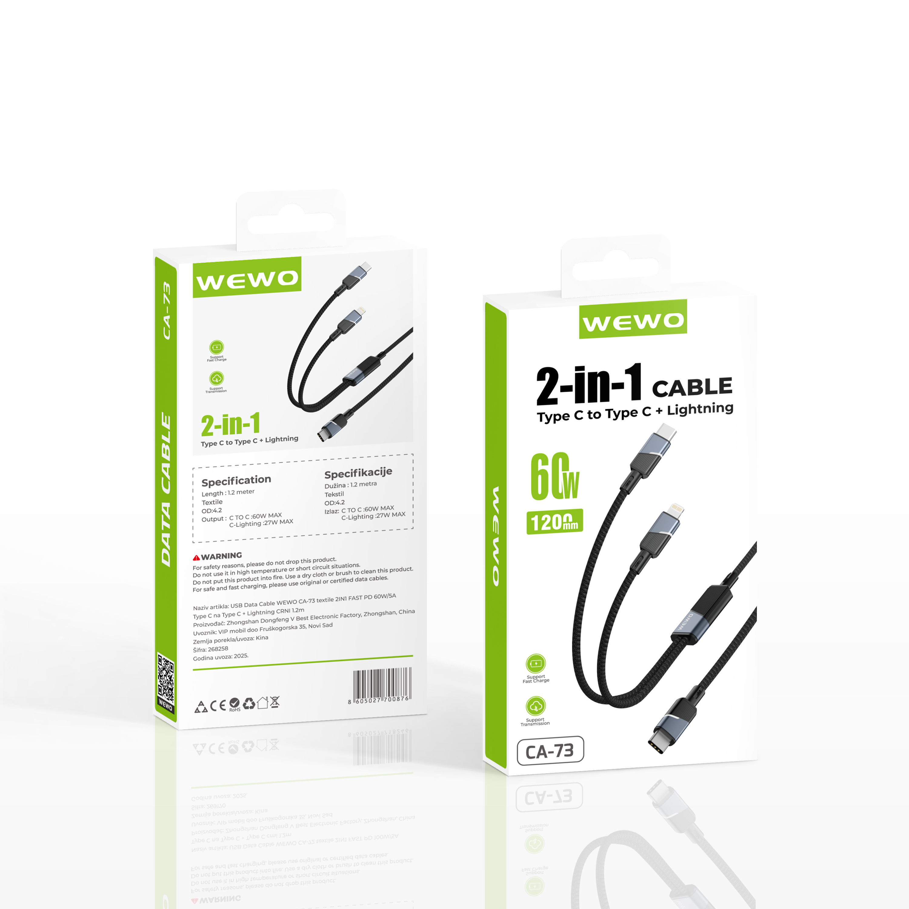 Usb data cable wewo ca-73 textile 2in1 fast pd 60w/5a type c na type c + lightning crni 1.2m