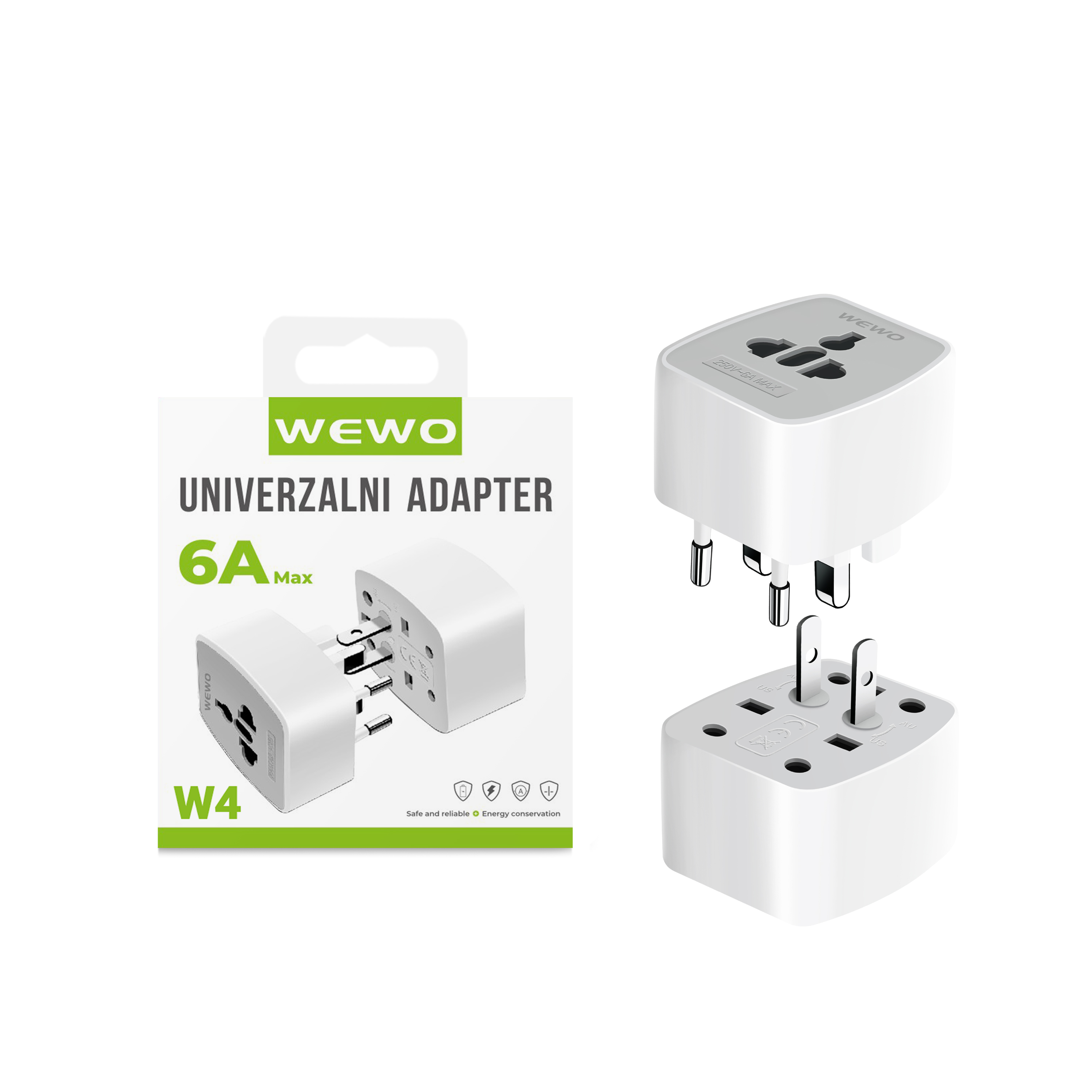 Wewo w4 univerzalni adapter 100-250v 6a usa/uk/aus/eu (beli)