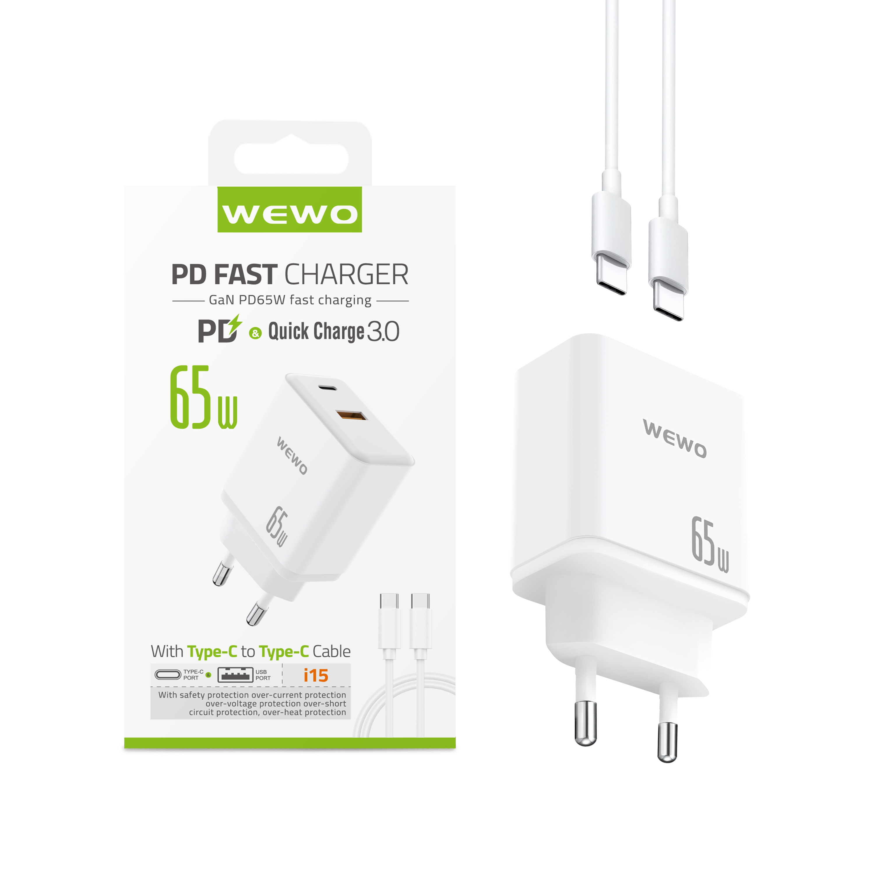 Wewo i15 pd+usb punjač qc 65w/3a gan + type-c to type-c data cable (beli)
