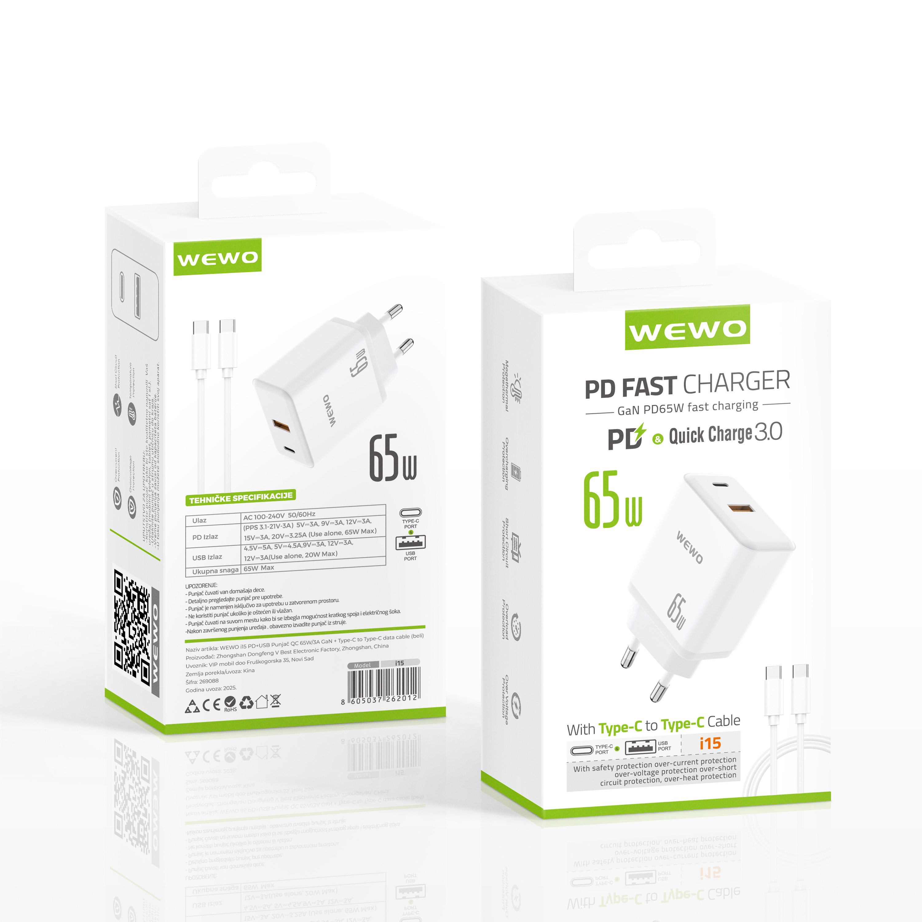 Wewo i15 pd+usb punjač qc 65w/3a gan + type-c to type-c data cable (beli)