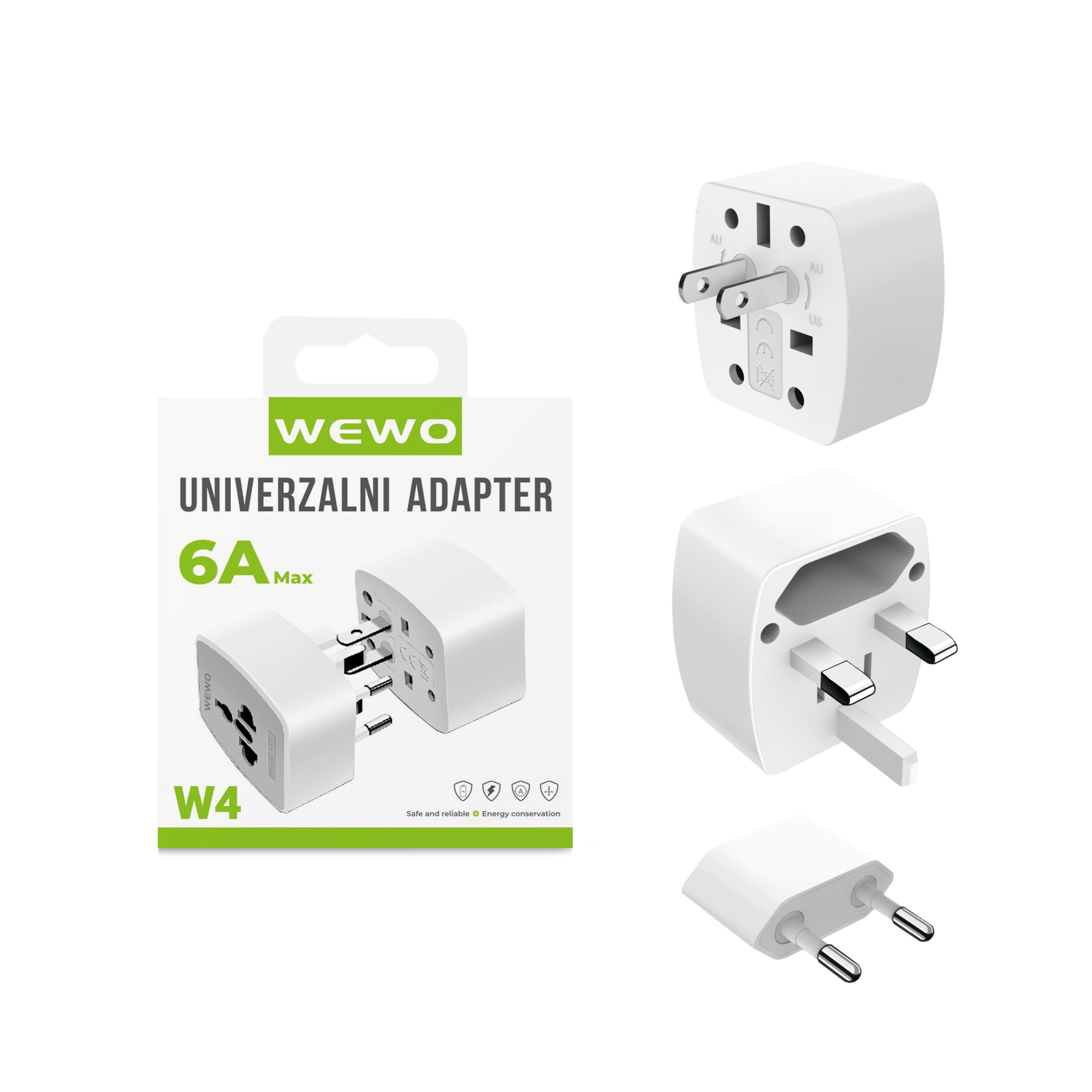 Wewo w4 univerzalni adapter 100-250v 6a usa/uk/aus/eu (beli)