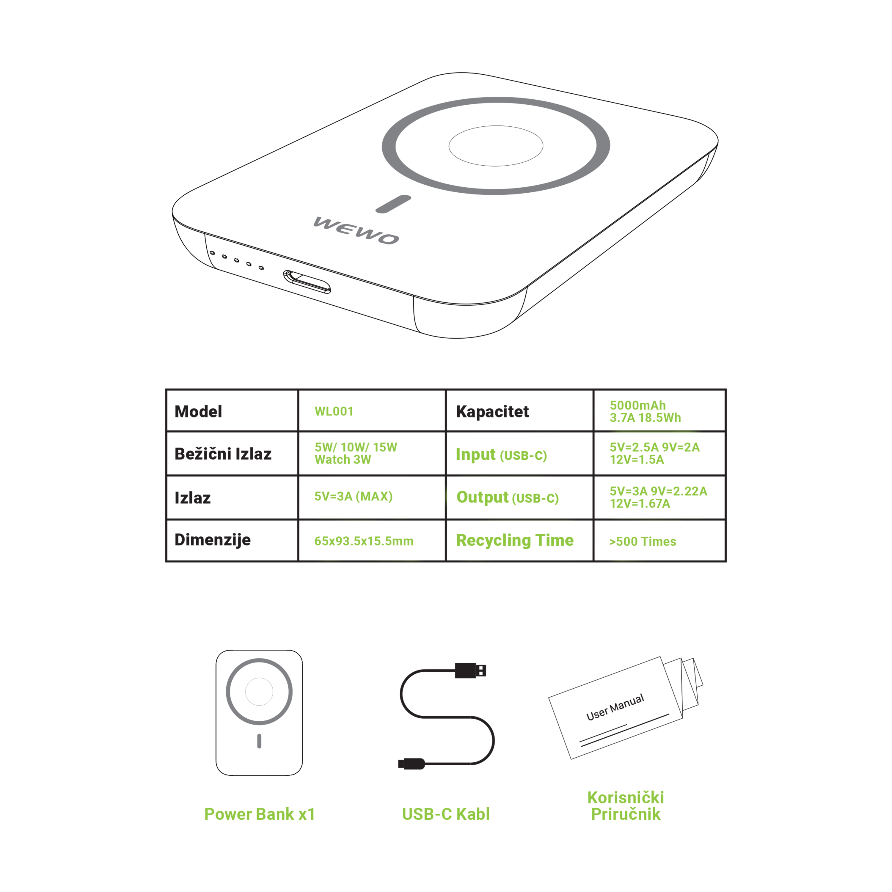 Wewo power bank wl001c 15w magsafe 5000mah (crni)
