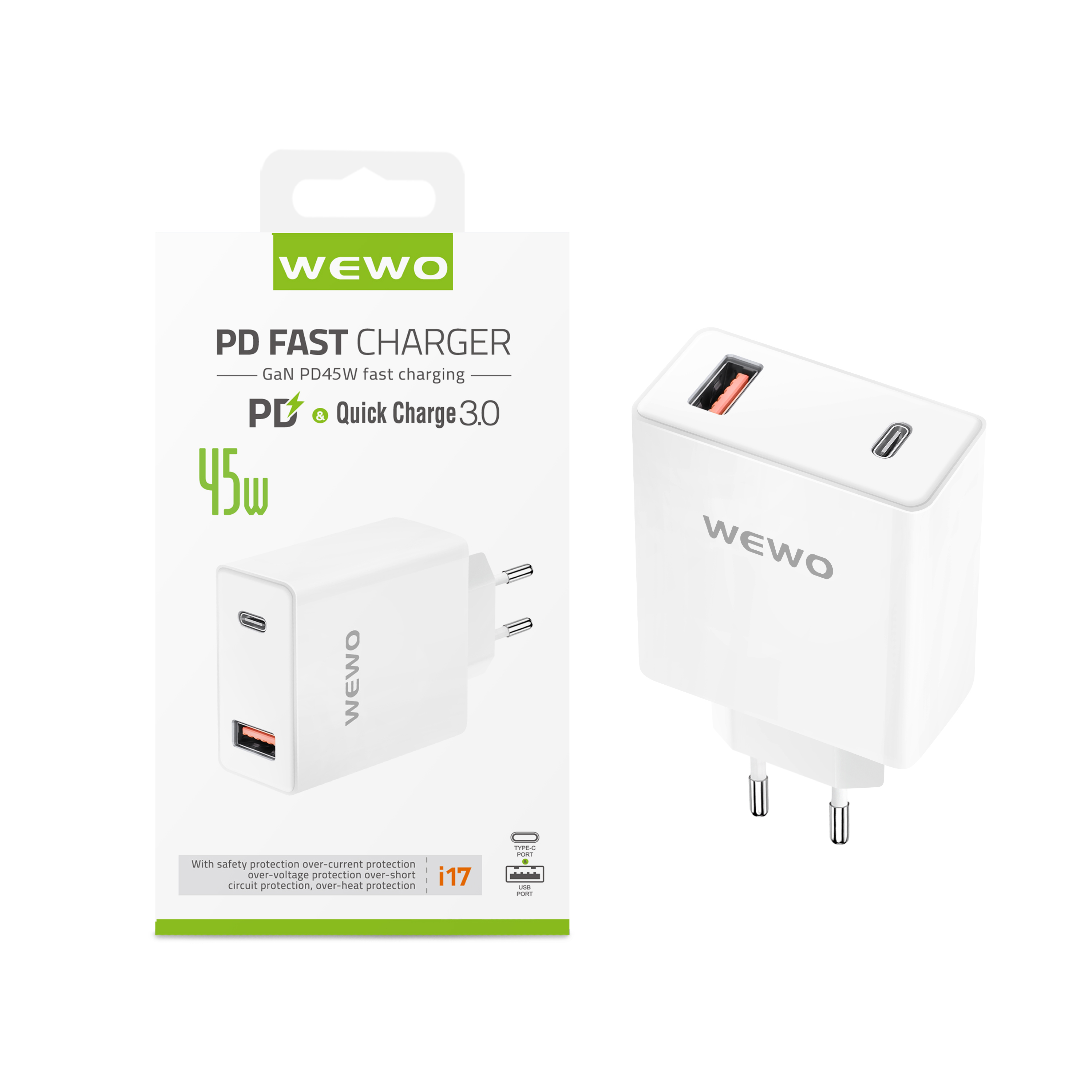 Wewo i17 pd+usb punjač qc 45w/3a gan (beli)