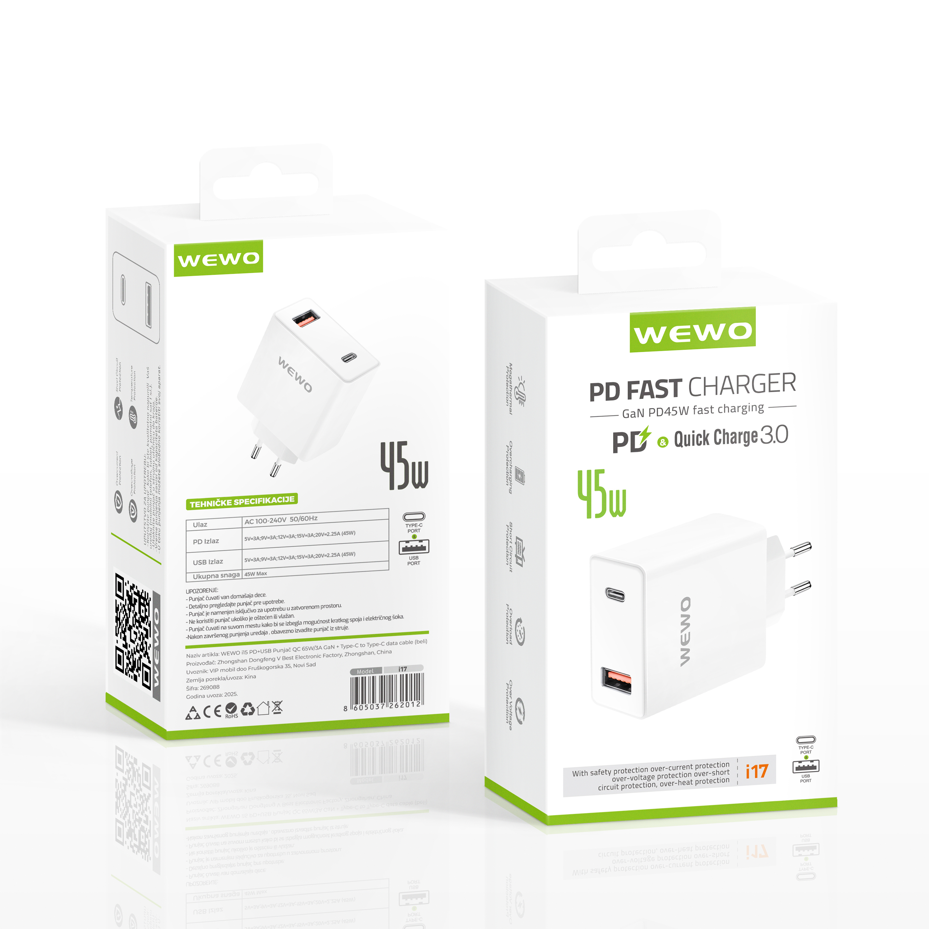 Wewo i17 pd+usb punjač qc 45w/3a gan (beli)
