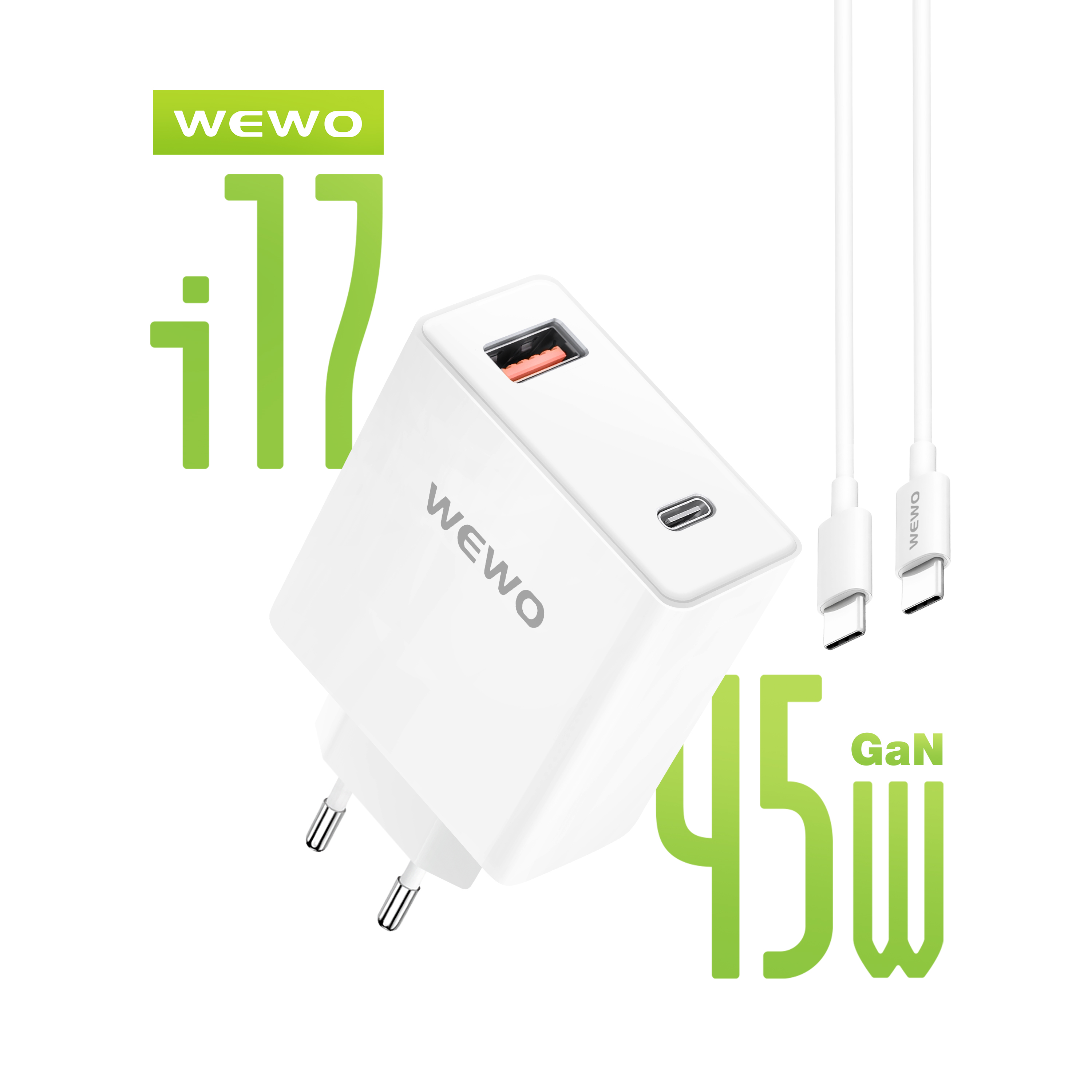 WEWO i17 PD+USB Punjač QC 45W/3A GaN + Type-C to Type-C data cable (beli)