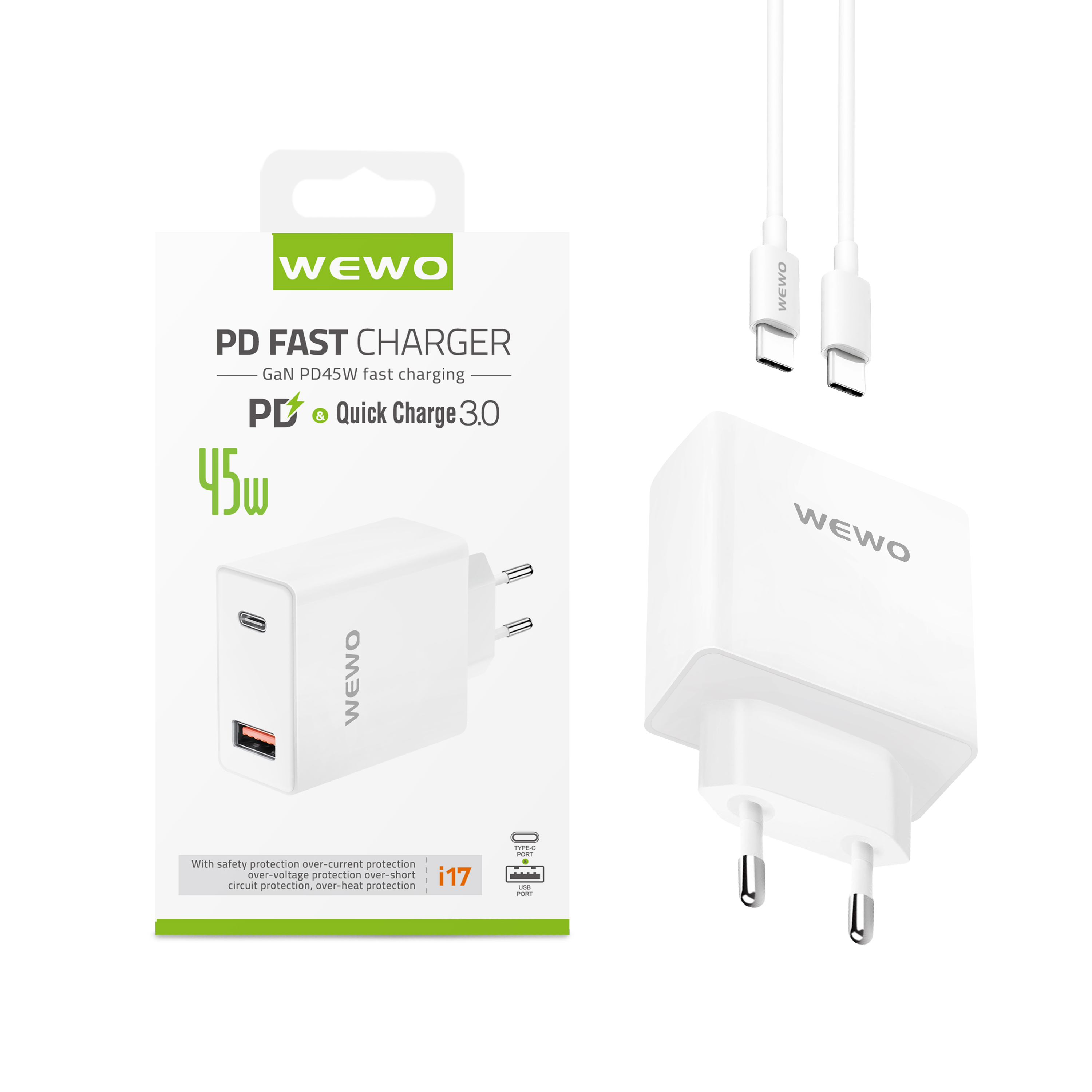 Wewo i17 pd+usb punjač qc 45w/3a gan + type-c to type-c data cable (beli)