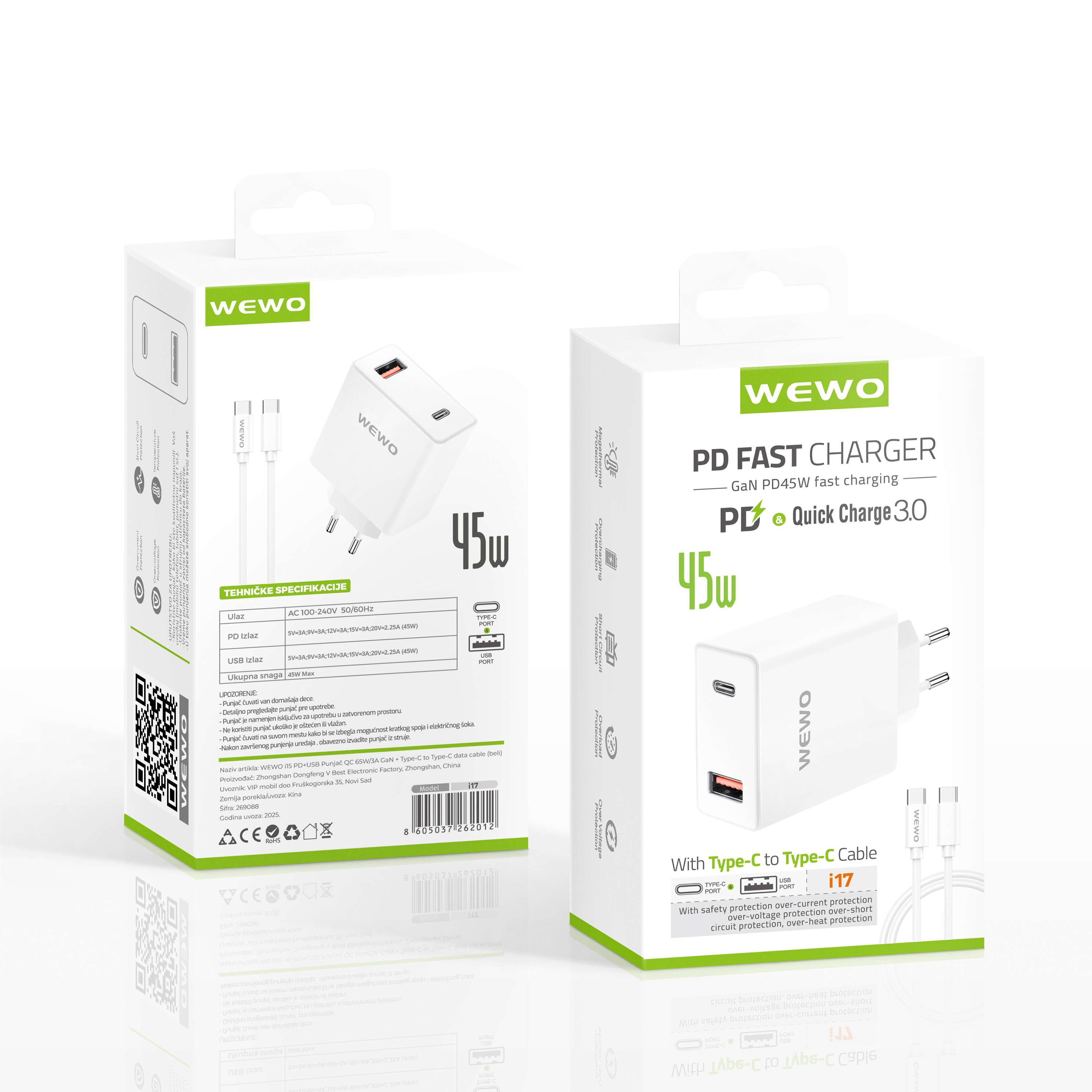 Wewo i17 pd+usb punjač qc 45w/3a gan + type-c to type-c data cable (beli)