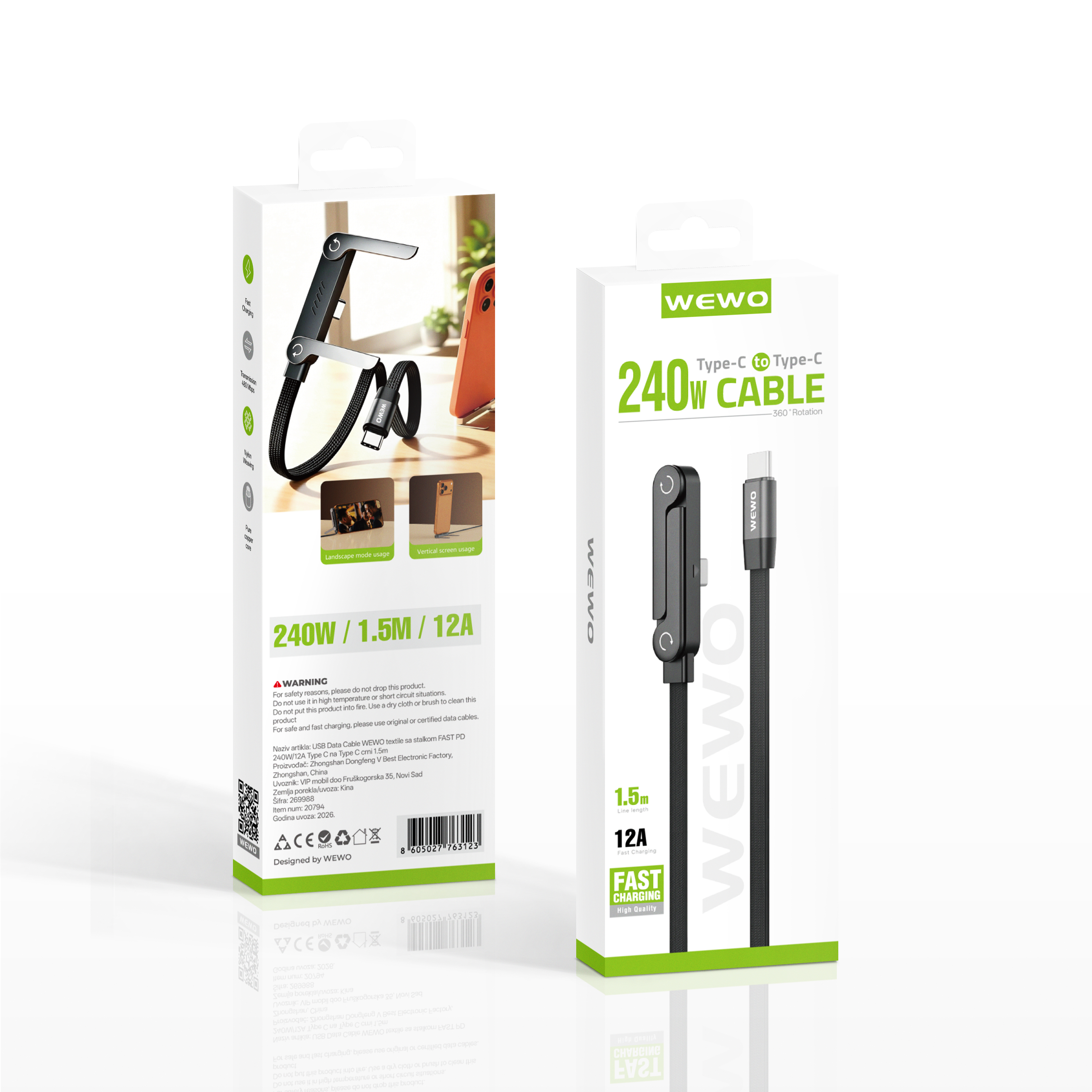 Usb data cable wewo textile sa stalkom fast pd 240w/12a type c na type c crni 1.5m
