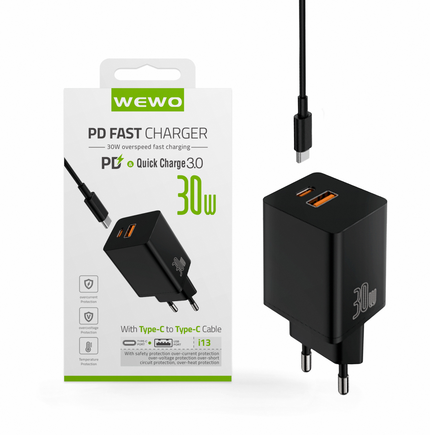 Wewo i13 pd+usb punjač qc 30w/3a + type-c to type-c data cable (crni)