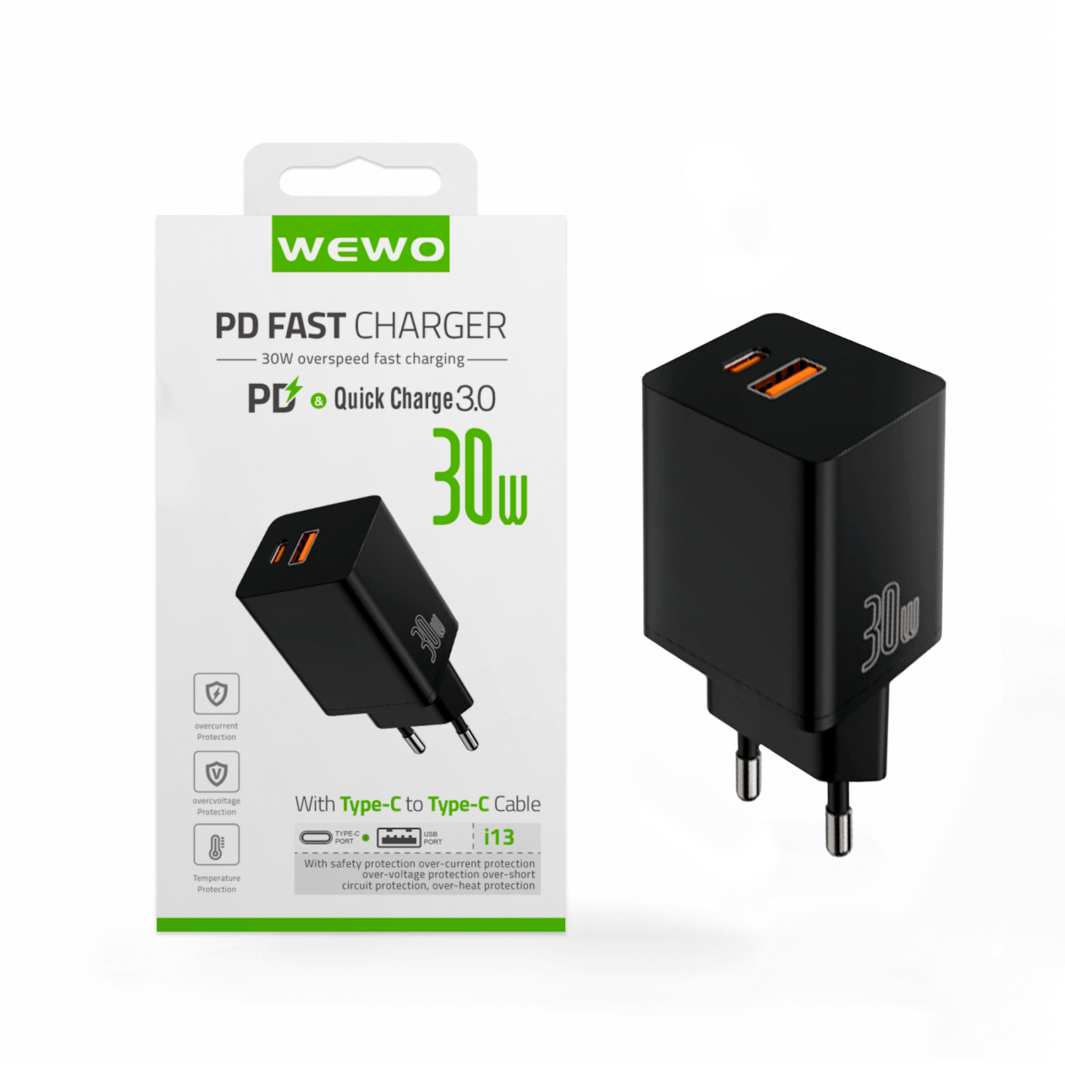 Wewo i13 pd+usb type-c punjač qc 30w/3a crni