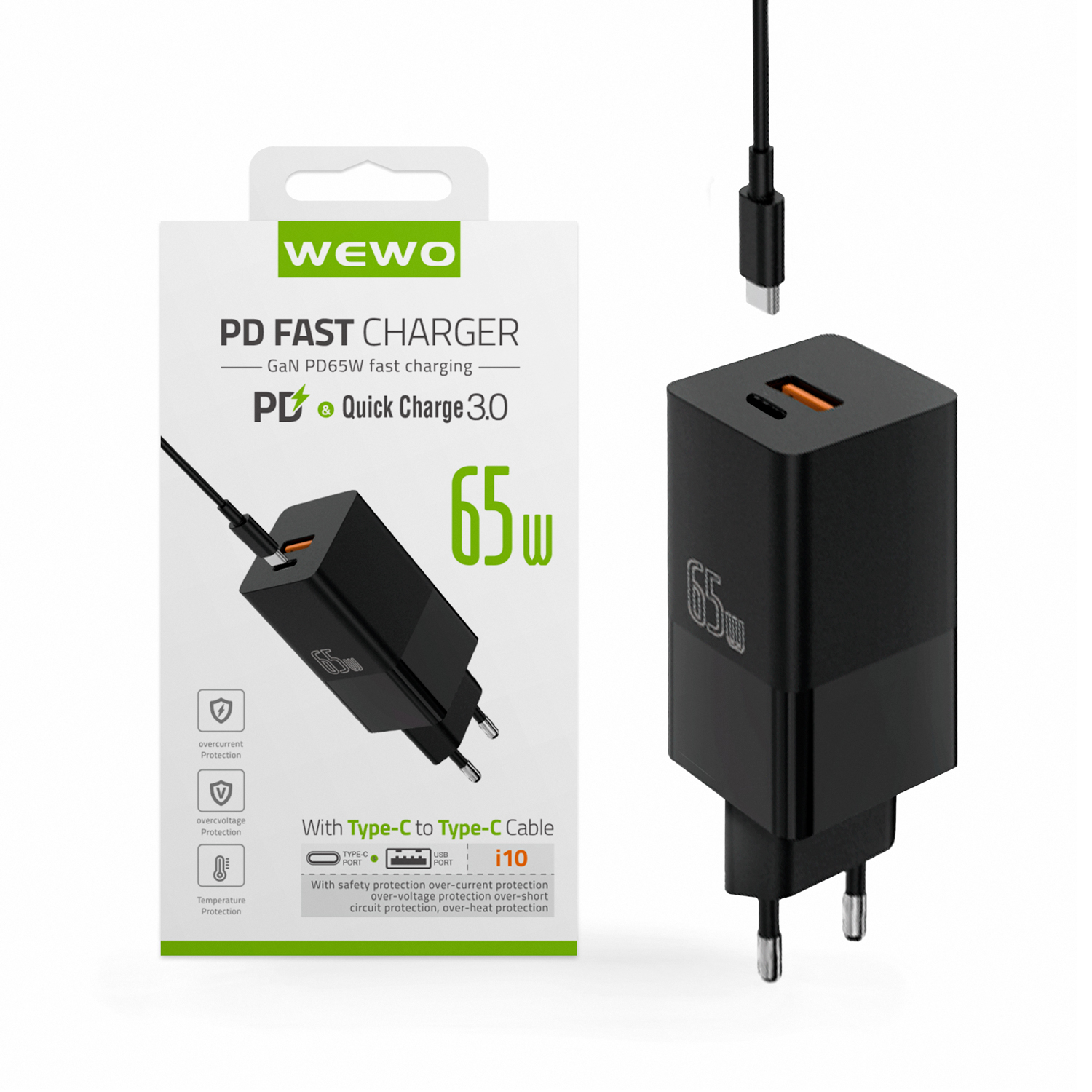 Wewo i10 pd+usb punjač qc 65w/3a + type-c to type-c data cable (crni)