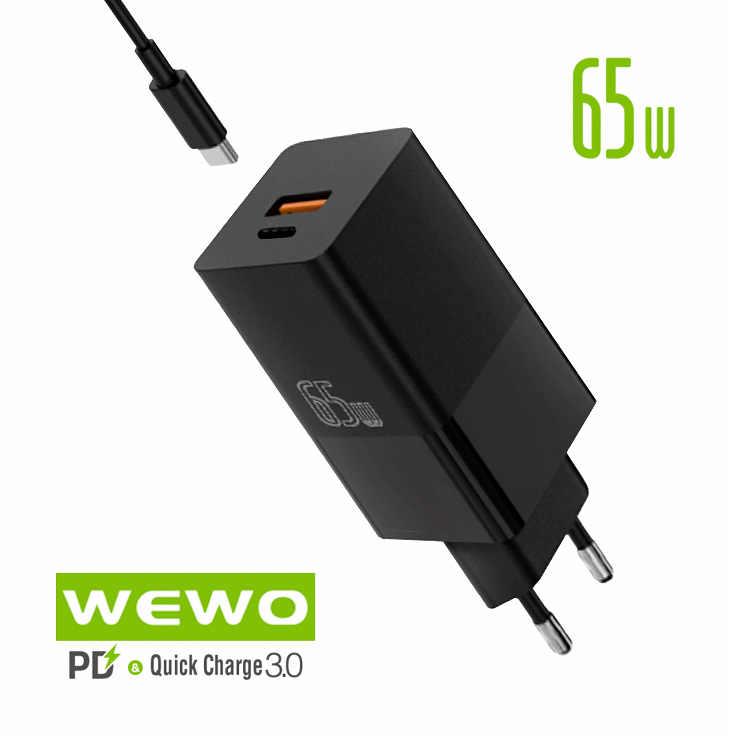 WEWO i10 PD+USB Punjač QC 65W/3A + Type-C to Type-C data cable (crni)