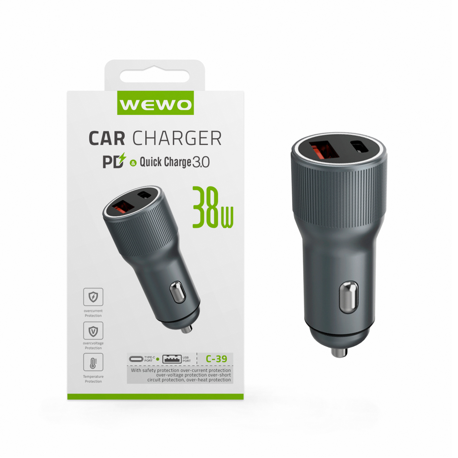 Wewo c-39 auto punjač pd + usb (38w/3a) 