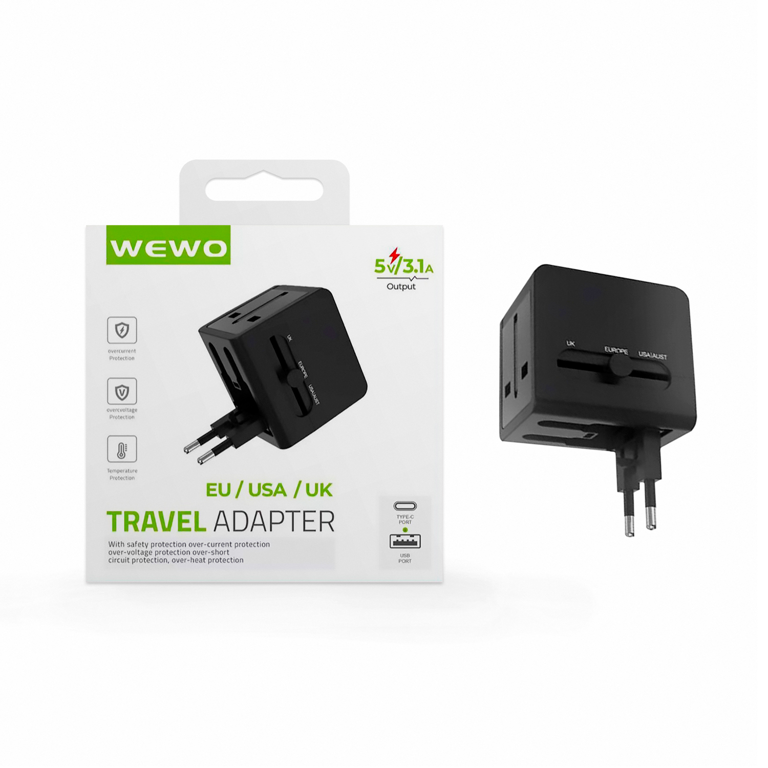 Wewo univerzalni travel adapter eu/usa/uk pd+usb 5v/3.1a (crni)