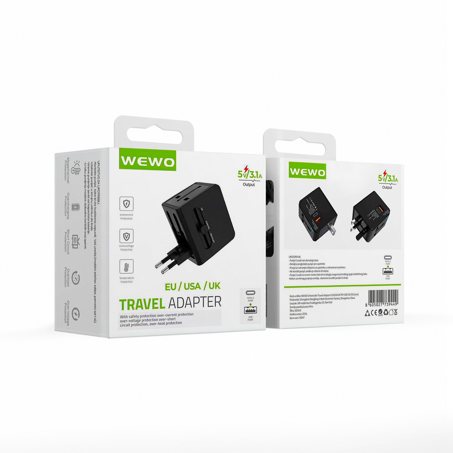 Wewo univerzalni travel adapter eu/usa/uk pd+usb 5v/3.1a (crni)