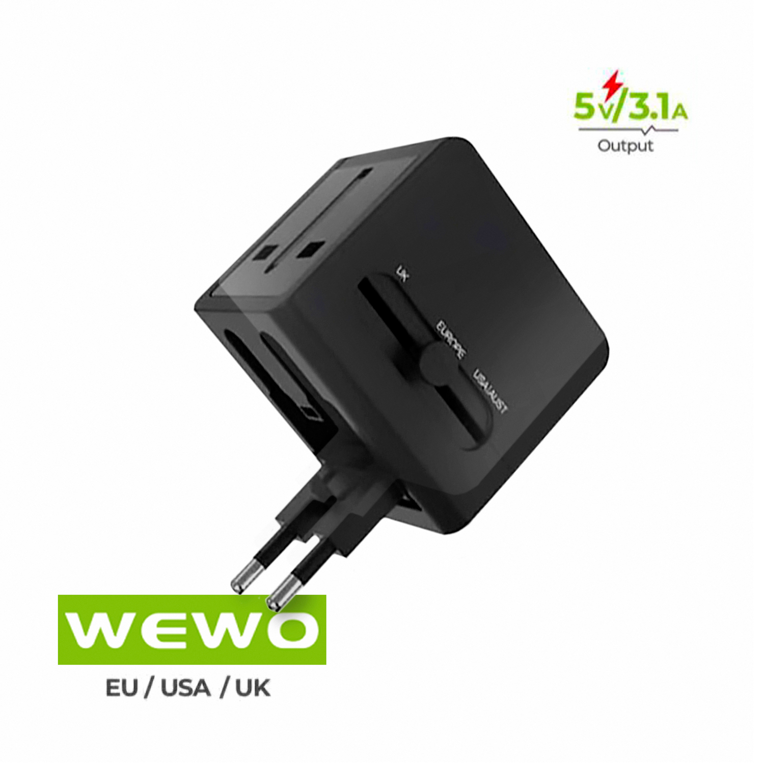 Wewo univerzalni travel adapter eu/usa/uk pd+usb 5v/3.1a (crni)