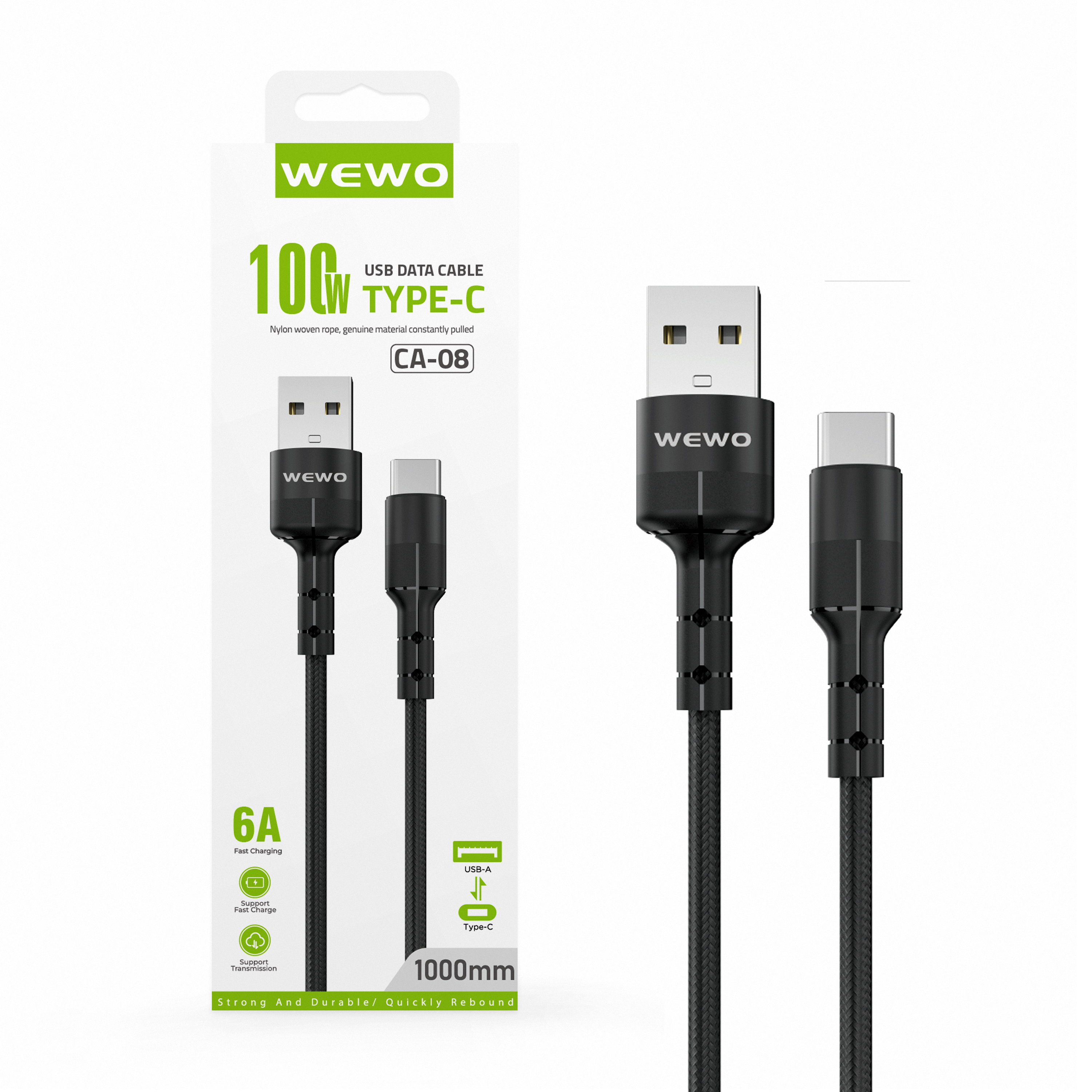 Usb data cable wewo ca-08 textile fast 100w/6a type c crni 1m