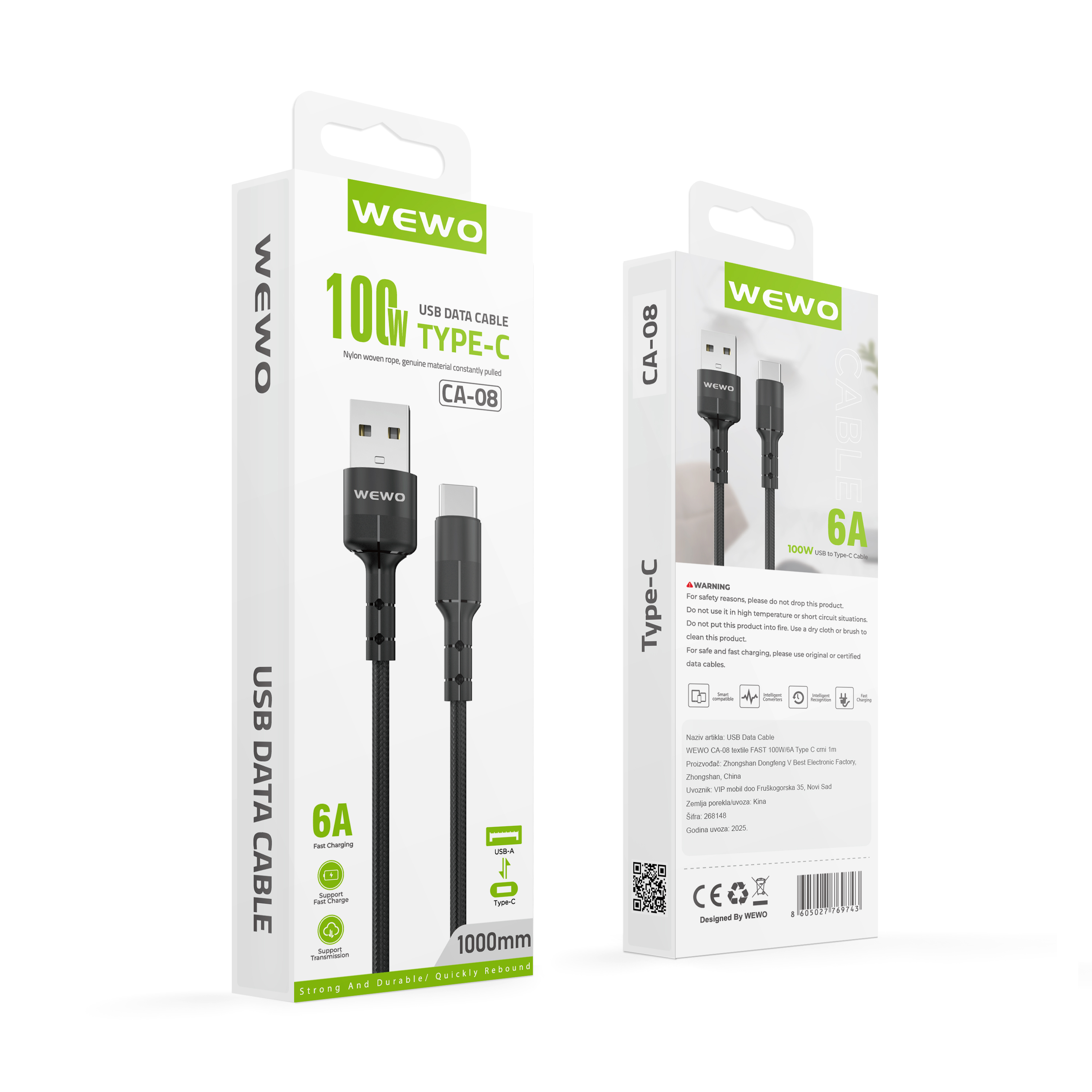 Usb data cable wewo ca-08 textile fast 100w/6a type c crni 1m