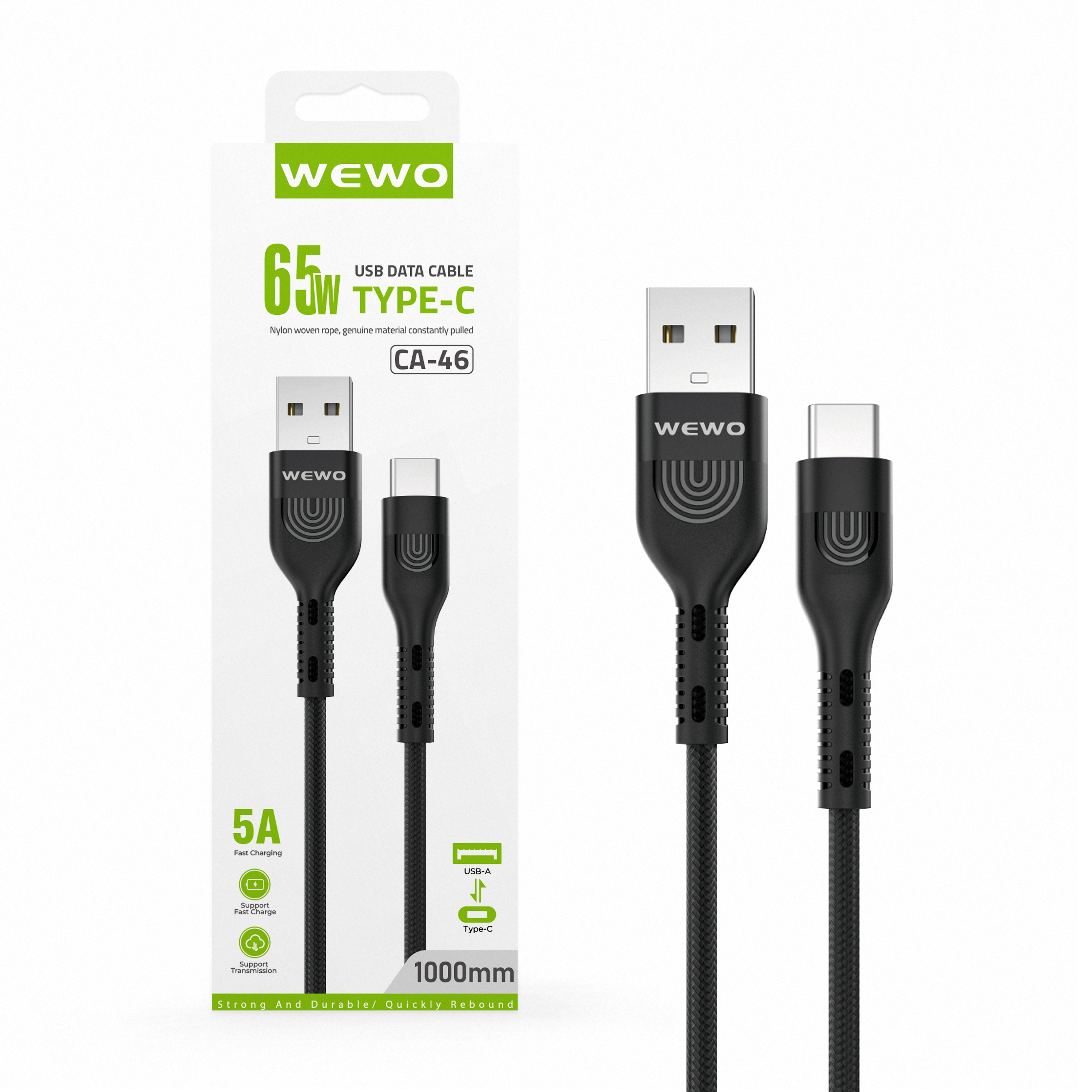 Usb data cable wewo ca-46 textile fast 65w/5a type c crni 1m