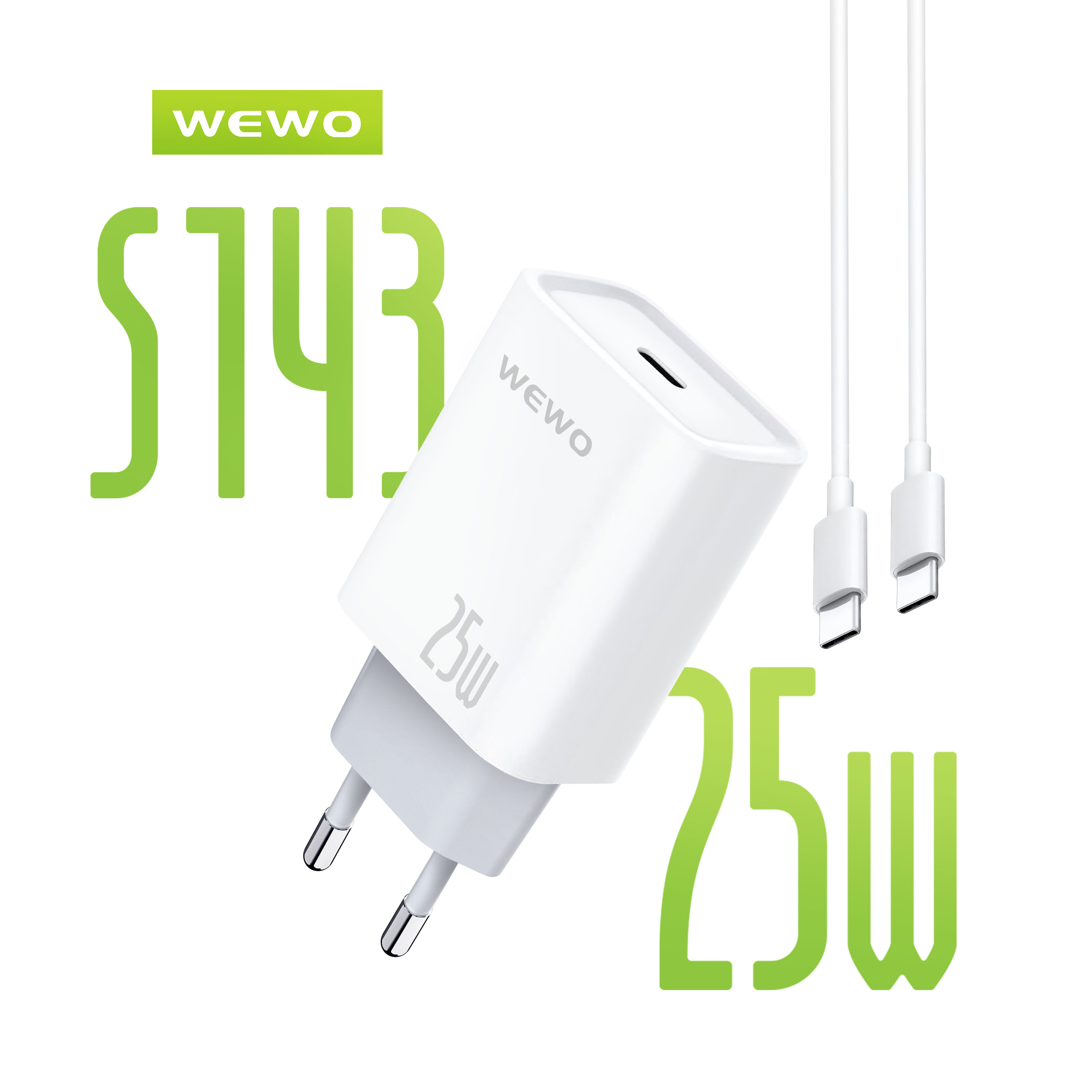 WEWO S143 SUPER FAST PD Punjač 25W/3A + Type-C na Type-C data kabel (beli)