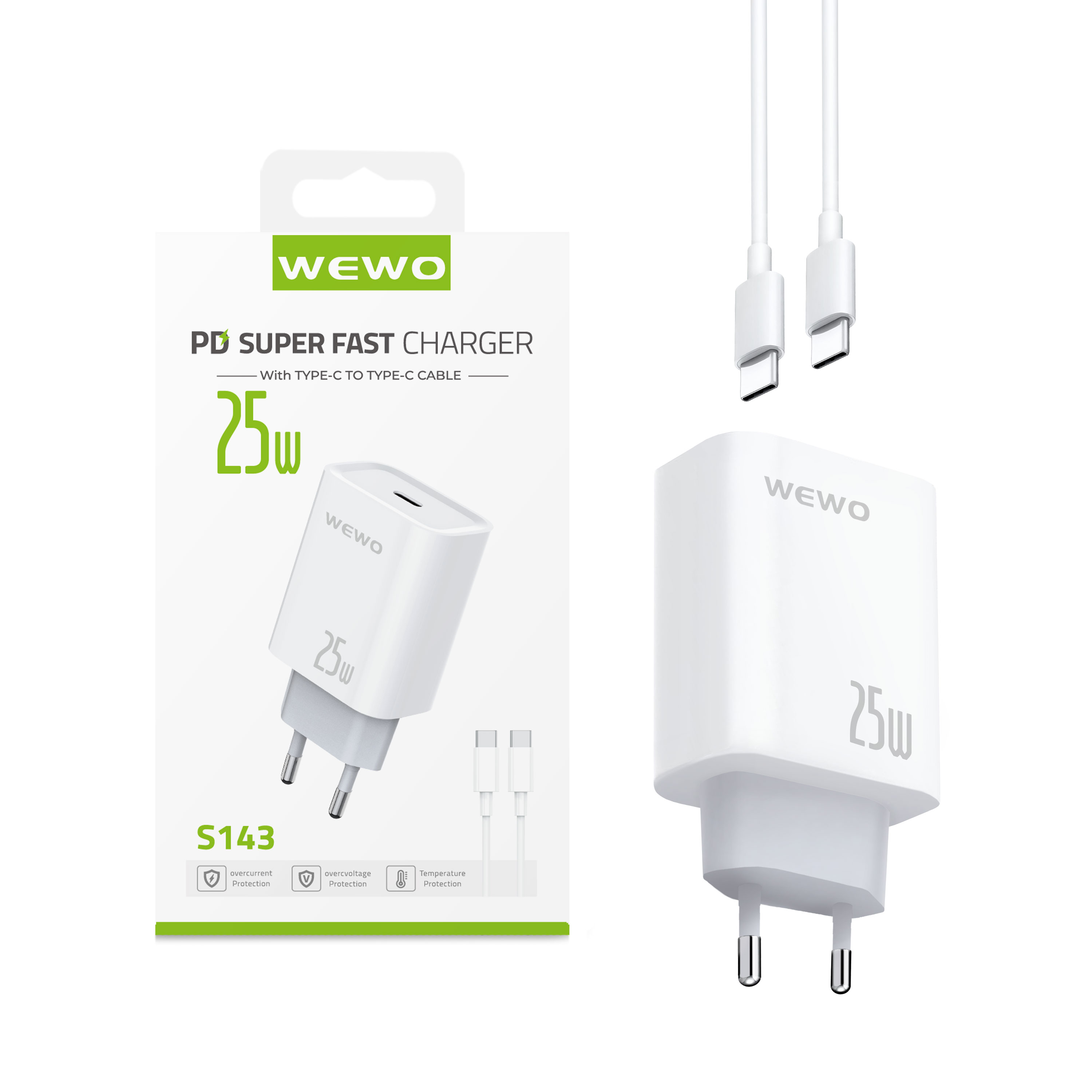 Wewo s143 super fast pd punjač 25w/3a + type-c na type-c data kabel (beli)