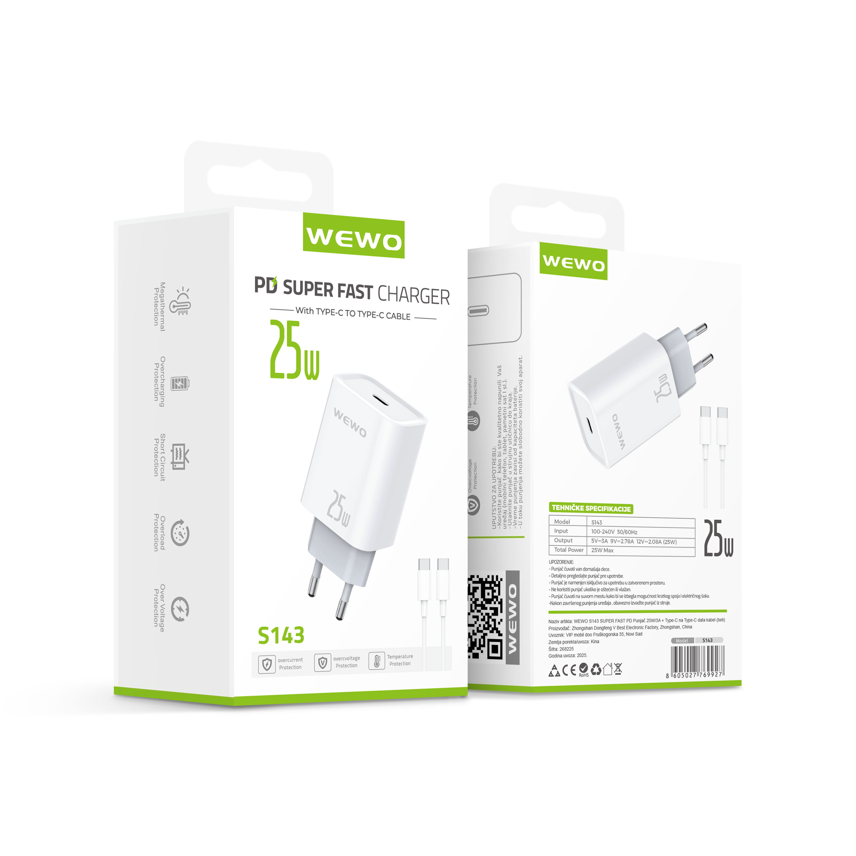 Wewo s143 super fast pd punjač 25w/3a + type-c na type-c data kabel (beli)