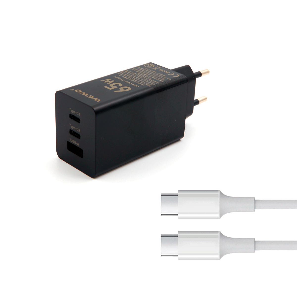 WEWO 2XPD+USB Punjač QC 65W/3A + Type-C to Type-C data cable (crni)