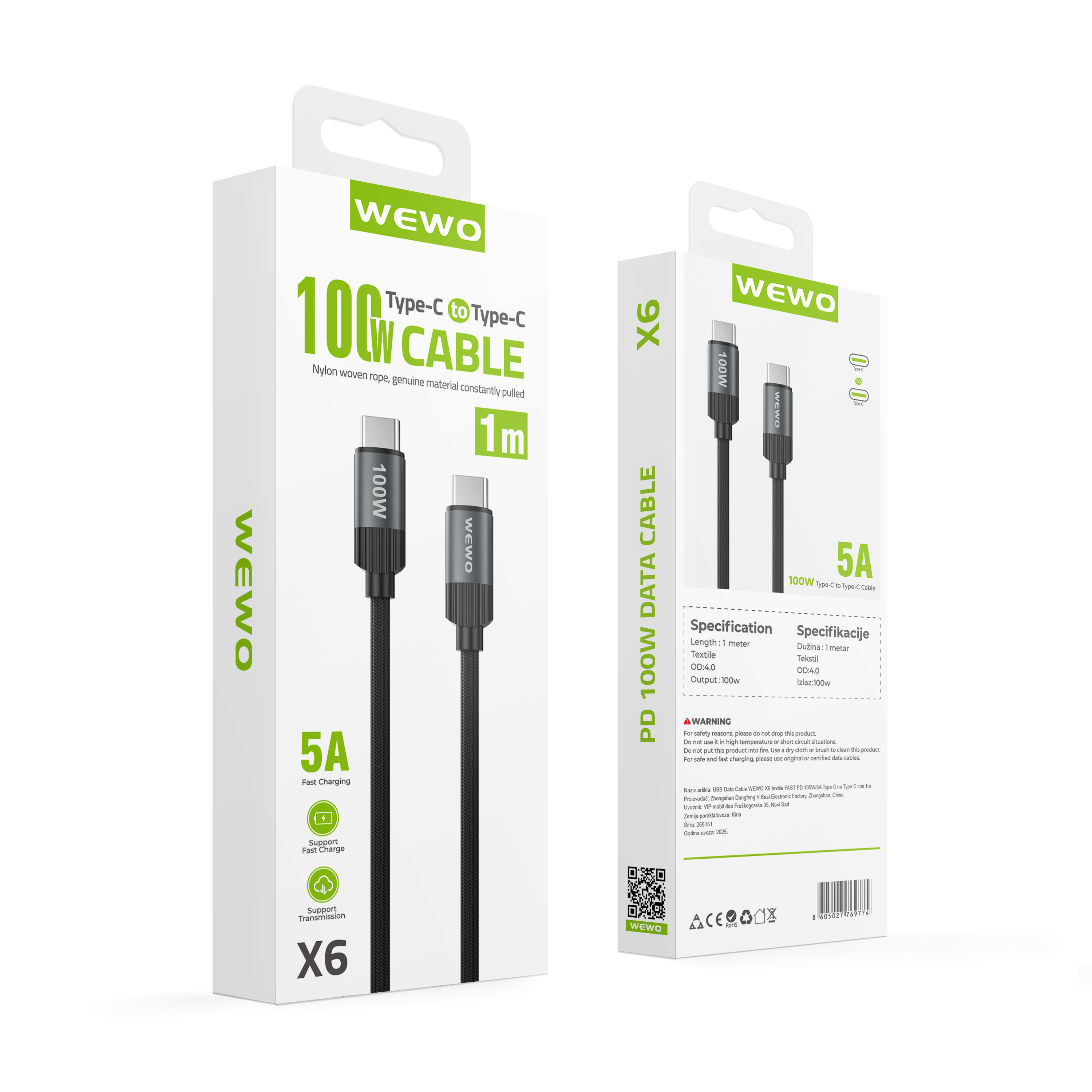 Usb data cable wewo x6 textile fast pd 100w/5a type c na type c crni 1m